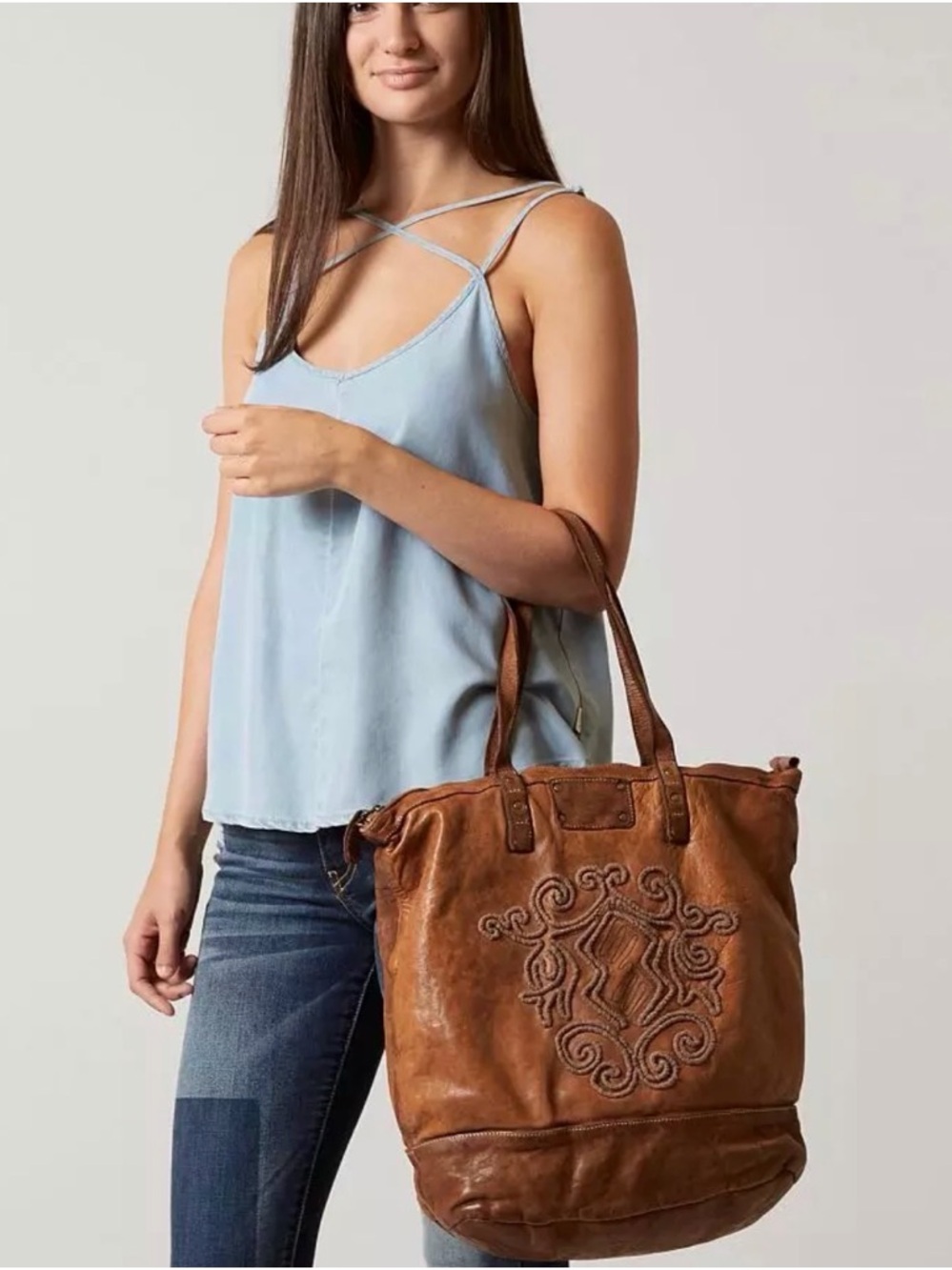 Free People Langelotti Tote Bag, Washed Leather Embroidered Whiskey, New